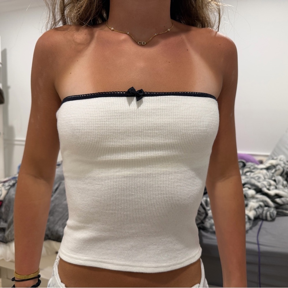 Edikted White Strapless Crop Top with Black Trim